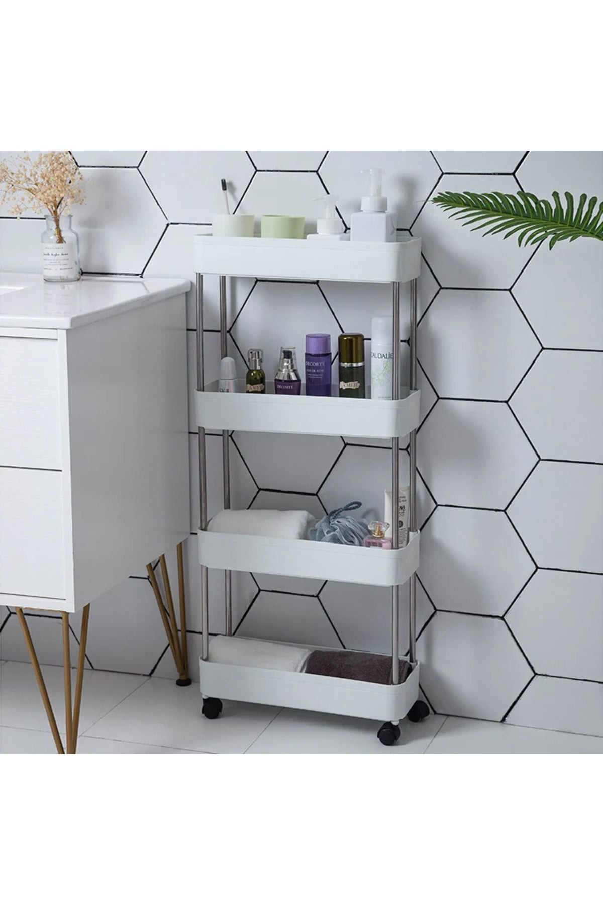 Carucior organizator portabil cu 4 rafturi, alb, 39 x 12.5 x 80 cm