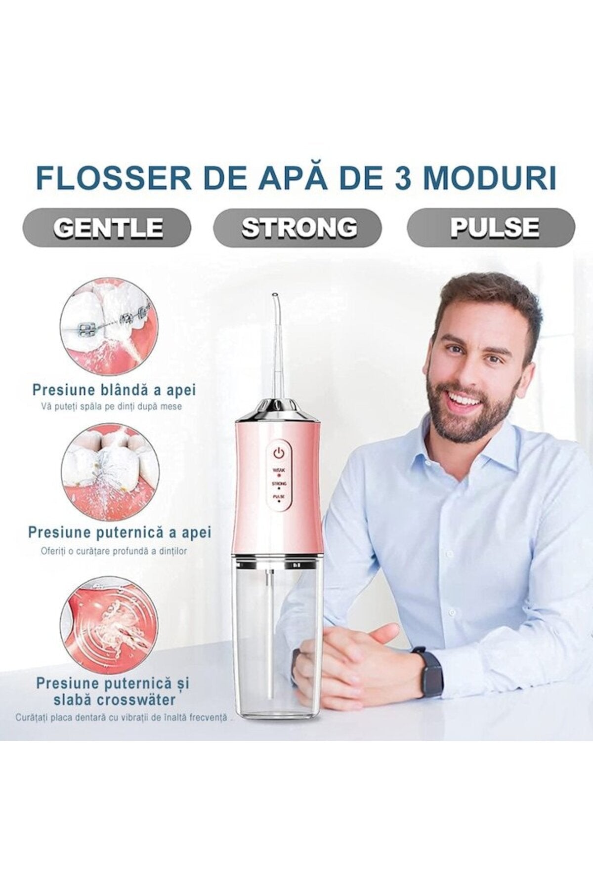 Irigator oral electric, EXPGlobal, 3 moduri de presiune, 8 capete de curățare, IPX6, rezervor 220 ml, roz