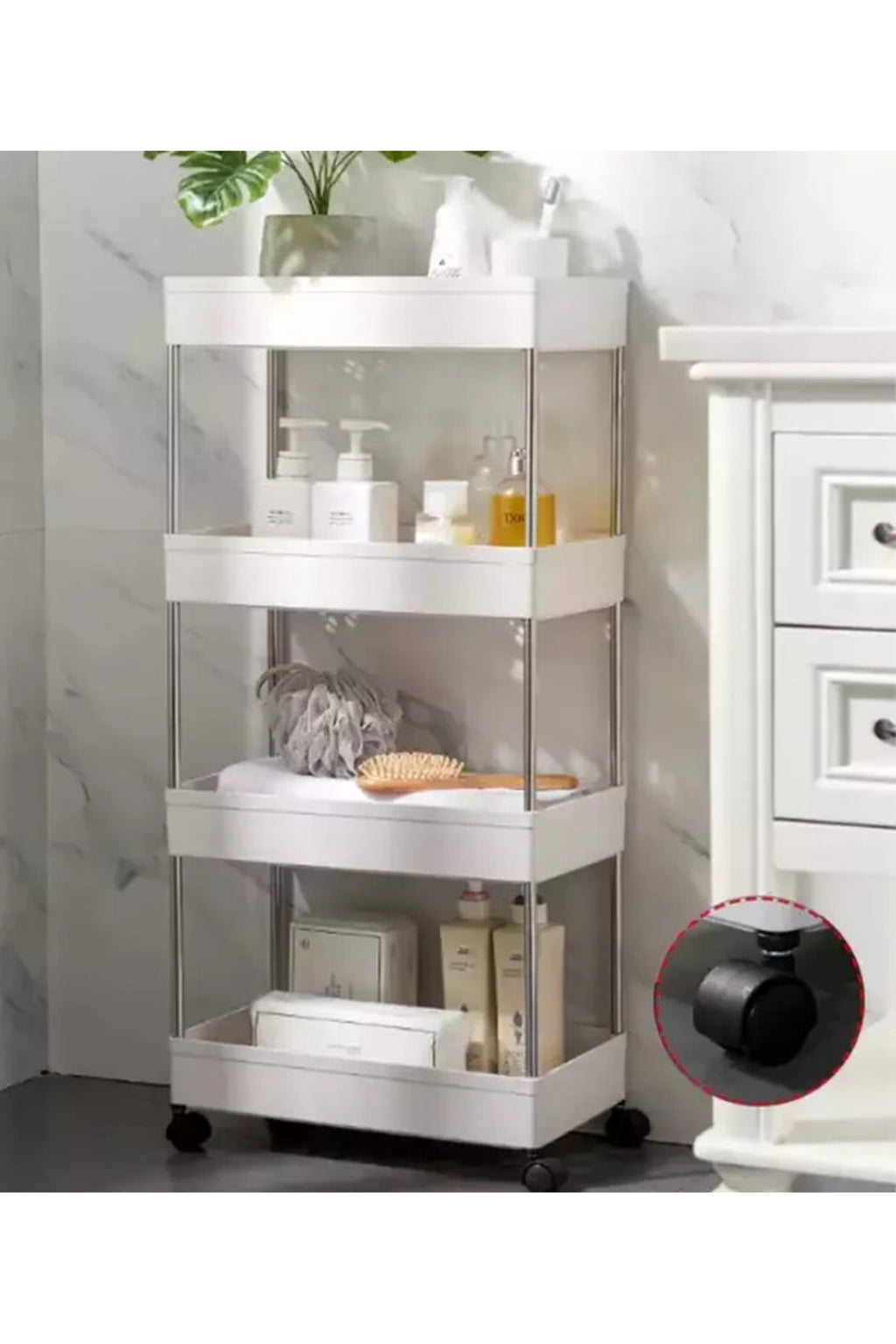 Carucior organizator portabil cu 4 rafturi, alb, 39 x 12.5 x 80 cm