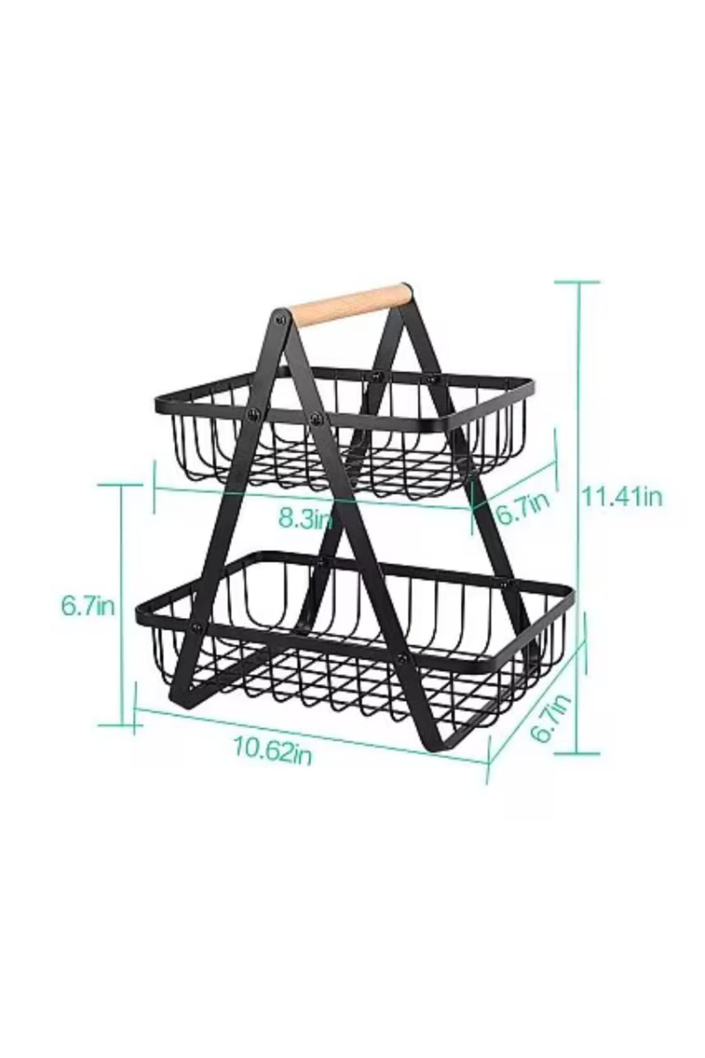 Cos pentru fructe din metal cu doua etaje, maner din lemn, negru, 26 x 20 x 6 cm