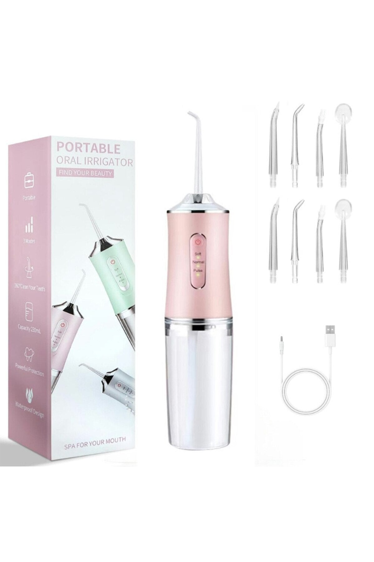 Irigator oral electric, EXPGlobal, 3 moduri de presiune, 8 capete de curățare, IPX6, rezervor 220 ml, roz