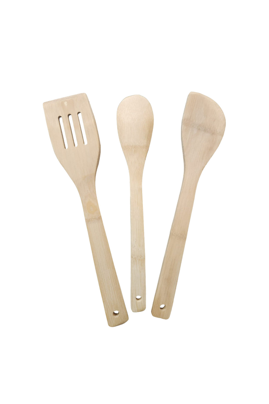 Set 3 ustensile din lemn bambus , 1 lingura rotunjita, 1 spadula gaurita, 1 spatula cu varf