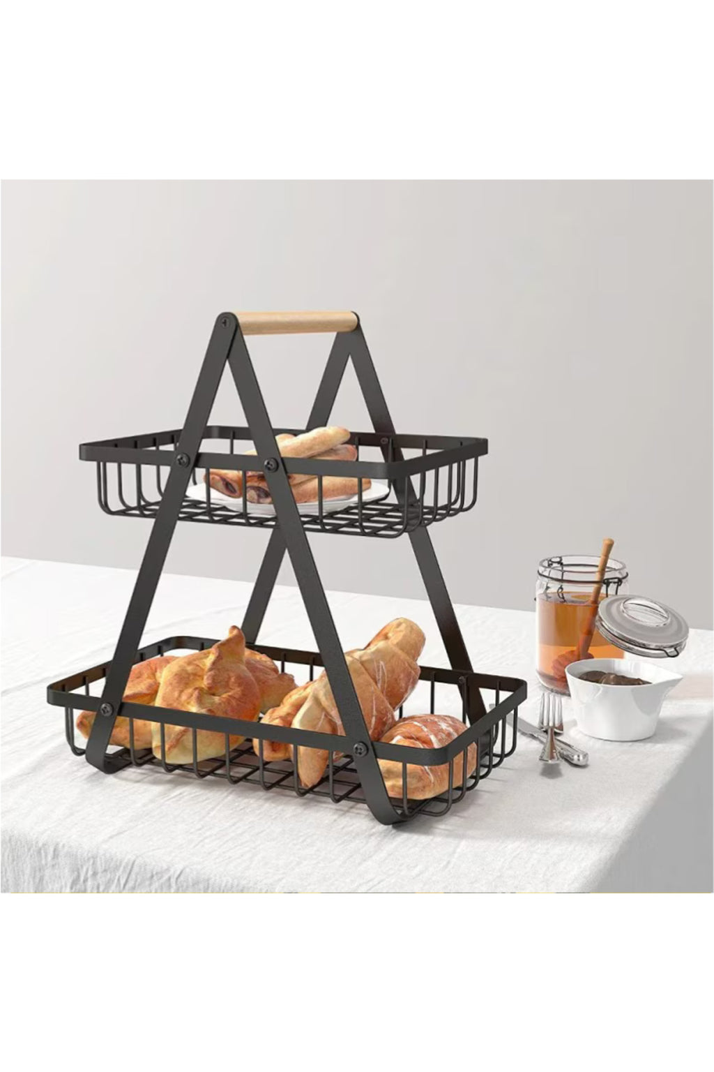 Cos pentru fructe din metal cu doua etaje, maner din lemn, negru, 26 x 20 x 6 cm