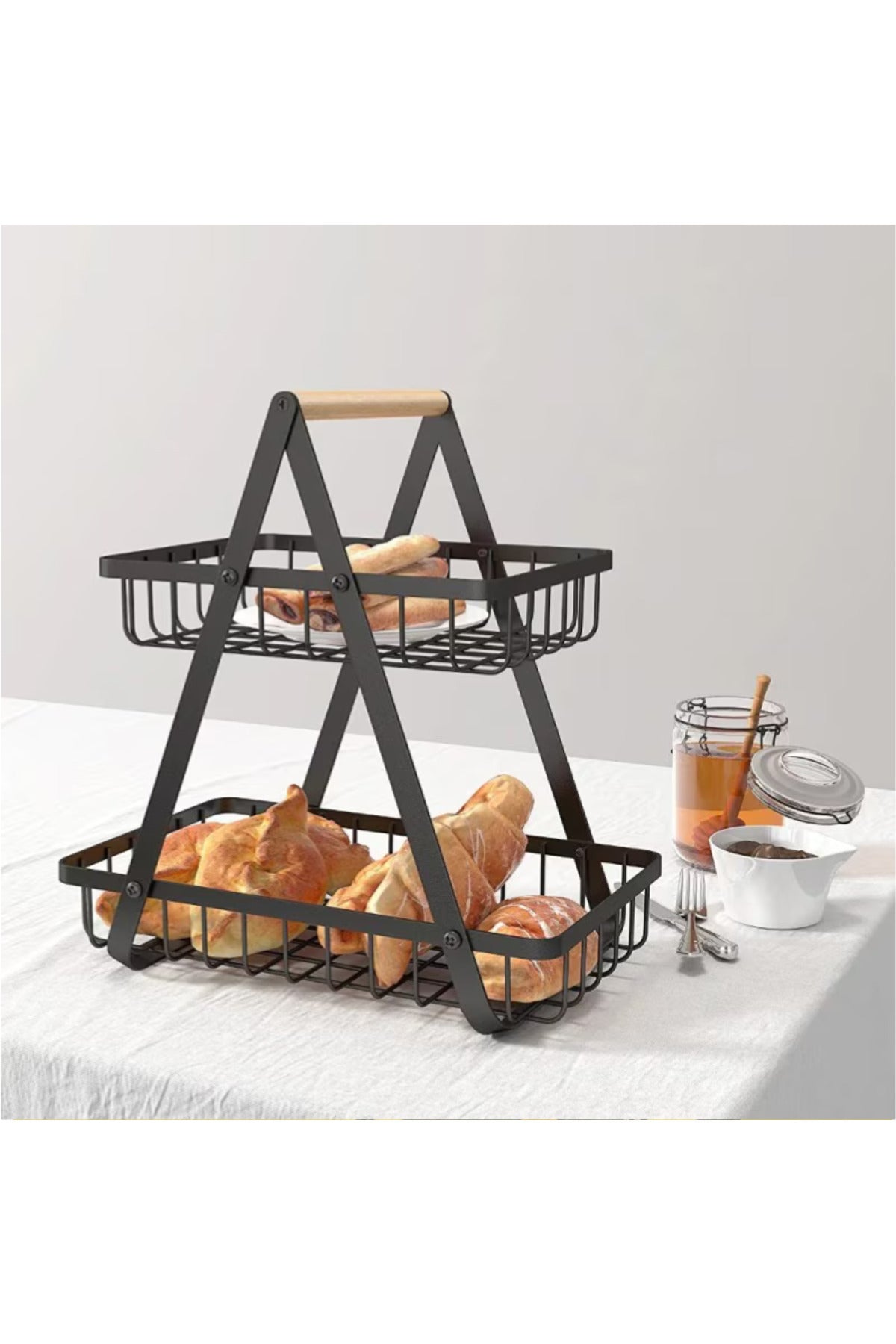 Cos pentru fructe din metal cu doua etaje, maner din lemn, negru, 26 x 20 x 6 cm