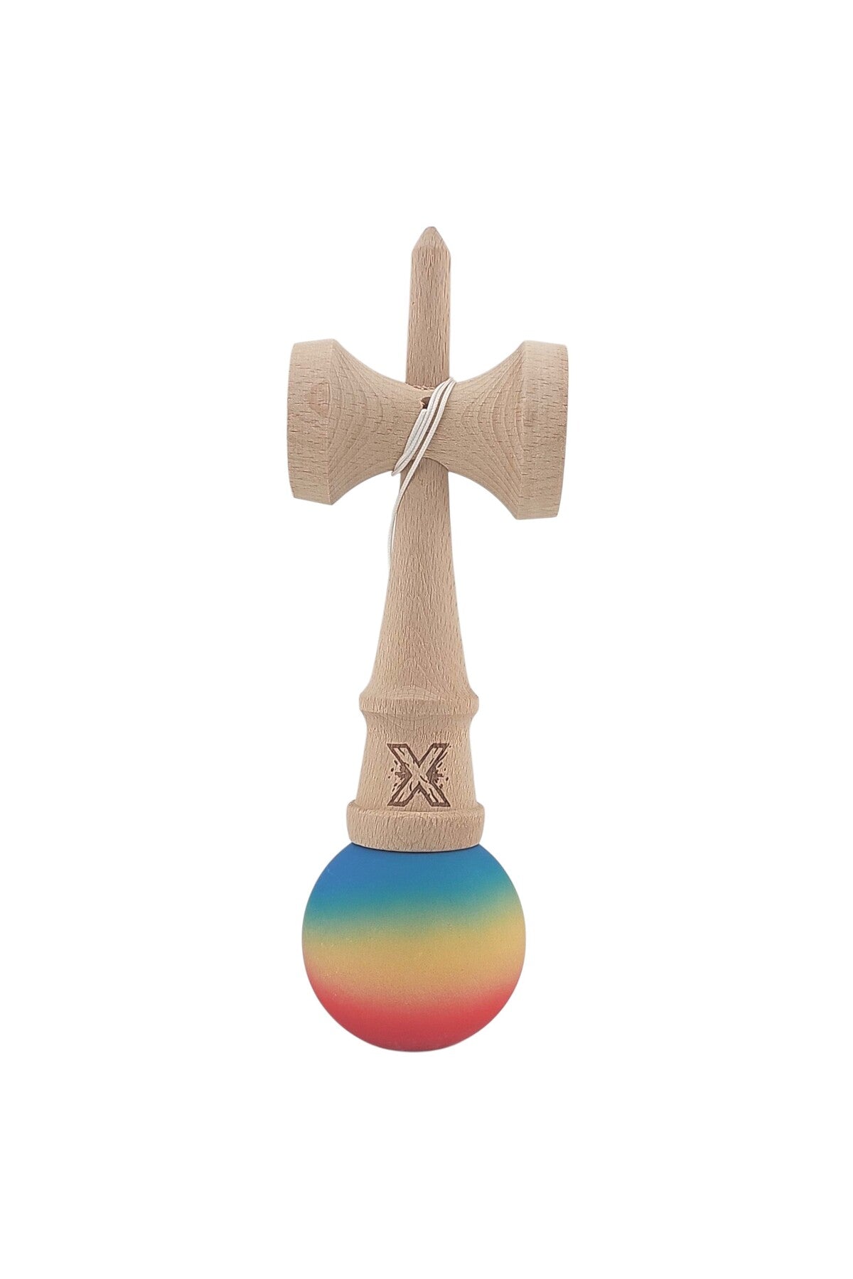 Kendama X, din lemn, mâner din cauciuc, 18 cm, roșu/galben/albastru