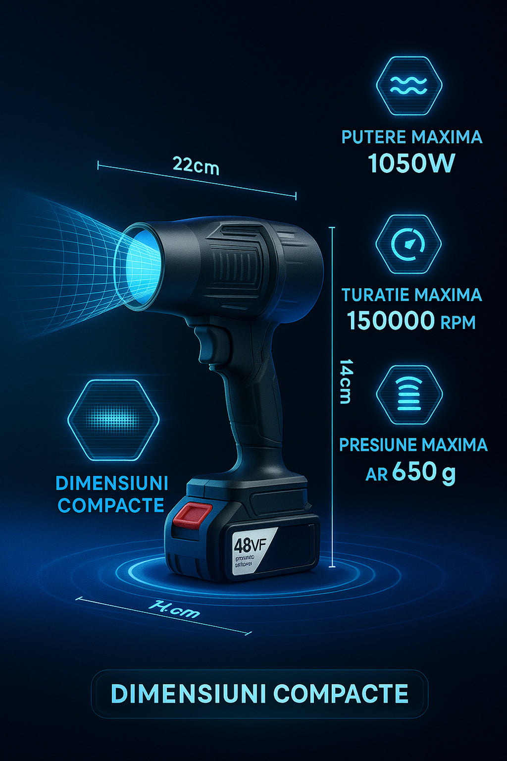 Suflanta Aer 48V, 1050W, pentru praf, apă și zăpadă 150000RPM, Portabila cu 2 Baterii