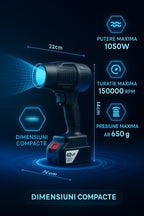 Suflanta Aer 48V, 1050W, pentru praf, apă și zăpadă 150000RPM, Portabila cu 2 Baterii