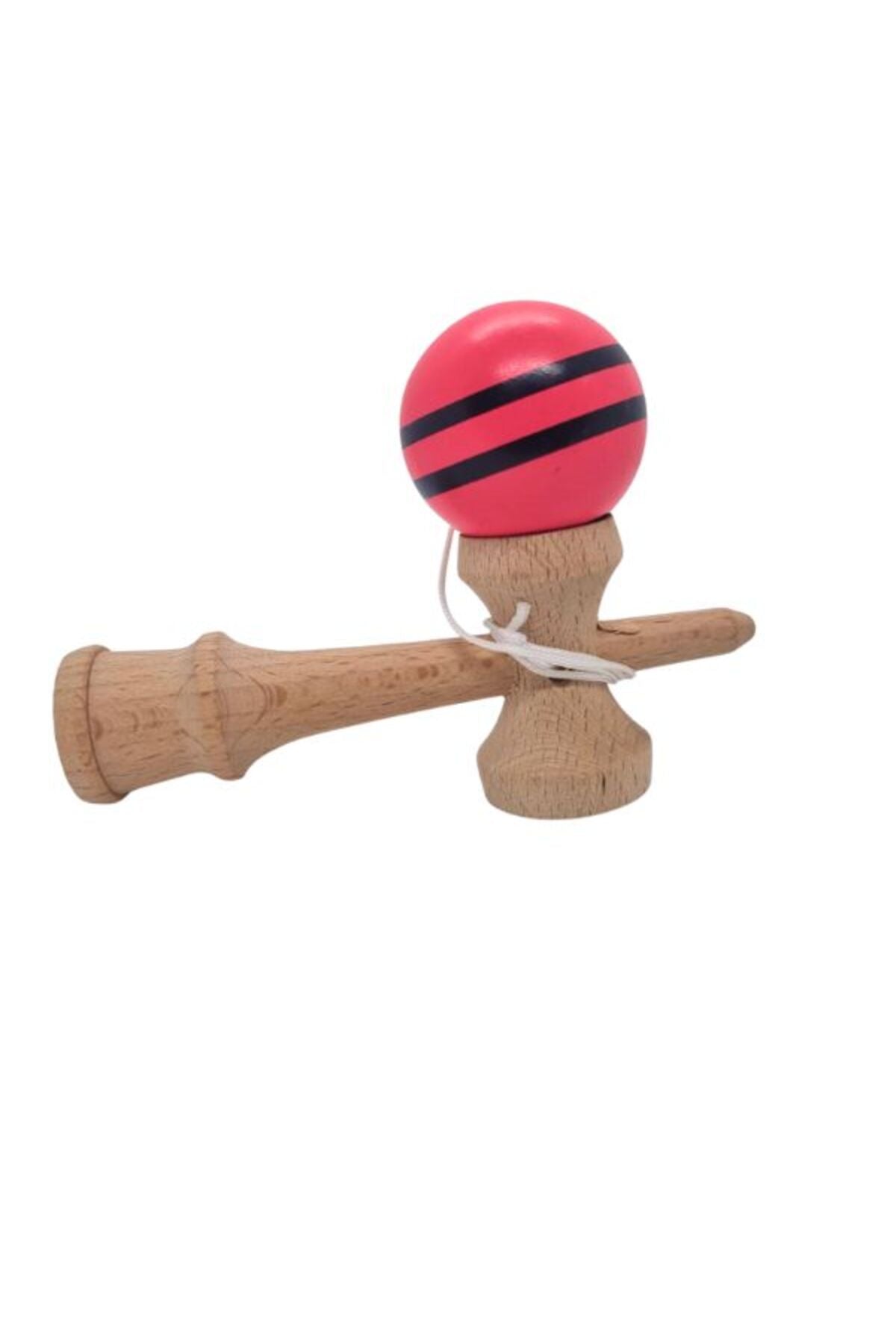 Mini Kendama din Lemn 12 cm cu Bilă Roșie Lucioasă și Dungi Negre – Joc de Dexteritate pentru Copii