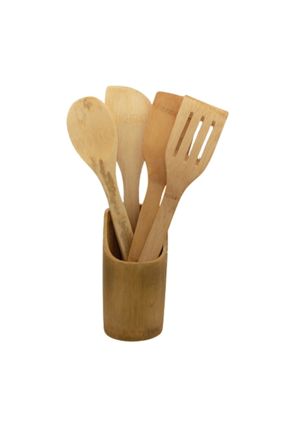 Set ustensile bucatarie, 4 piese si suport rotund, din bambus