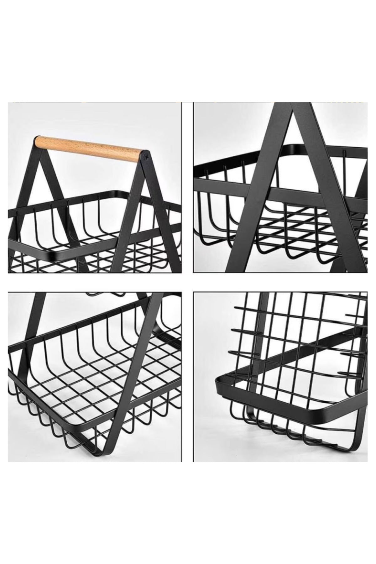 Cos pentru fructe din metal cu doua etaje, maner din lemn, negru, 26 x 20 x 6 cm