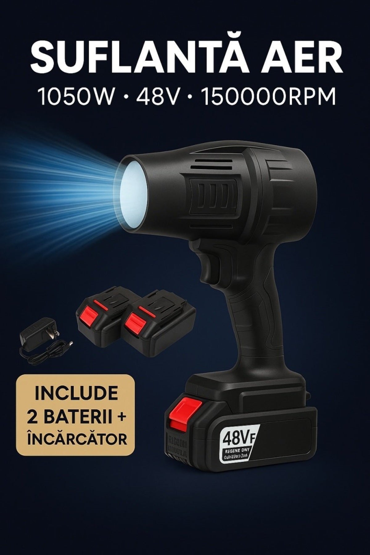 Suflanta Aer 48V, 1050W, pentru praf, apă și zăpadă 150000RPM, Portabila cu 2 Baterii