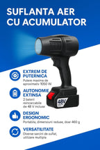Suflanta Aer 48V, 1050W, pentru praf, apă și zăpadă 150000RPM, Portabila cu 2 Baterii