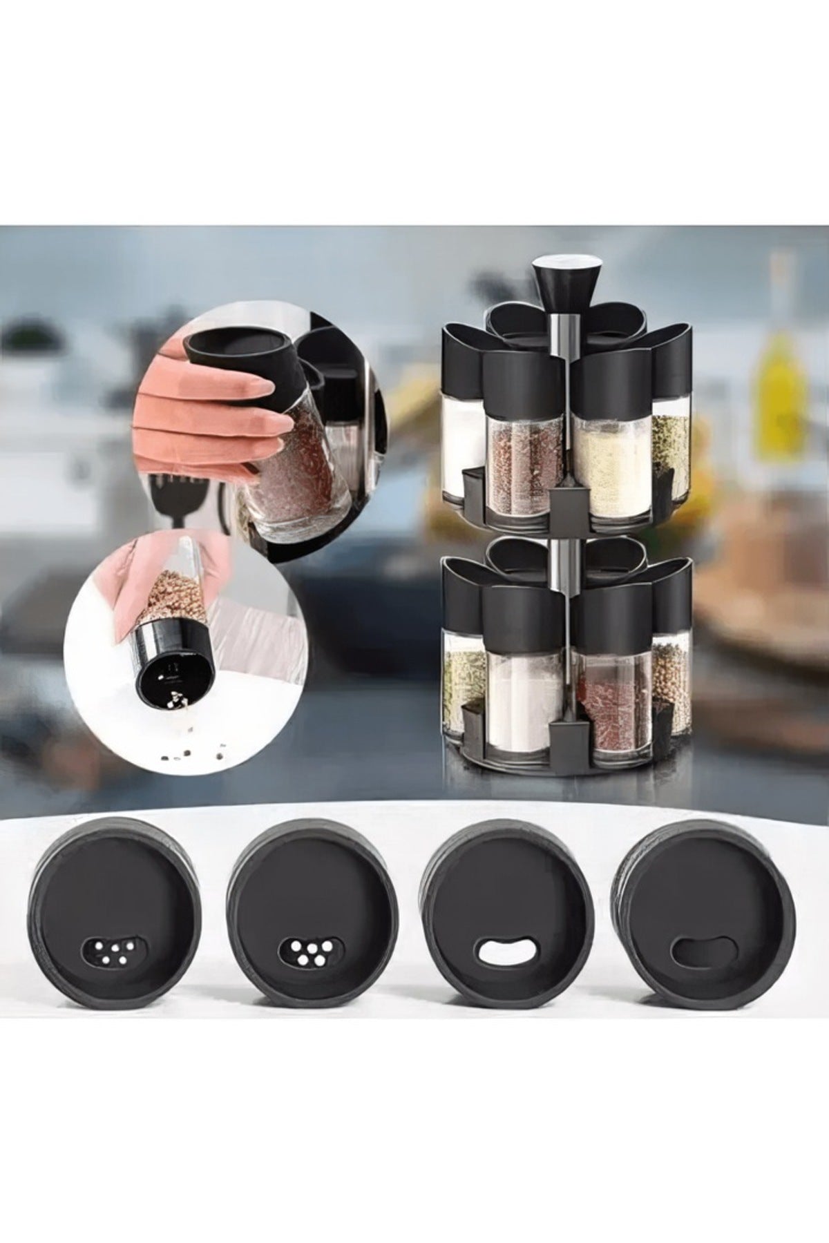 Recipiente pentru condimente, 12 bucăți, suport rotativ la 360°, ABS, negru, 11,5 x 5 cm