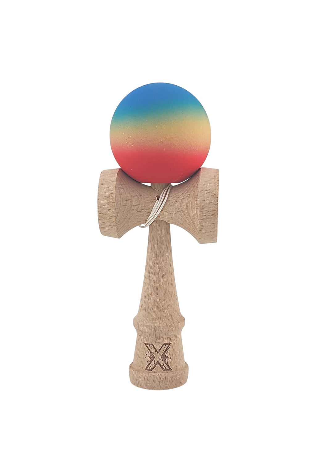 Kendama X, din lemn, mâner din cauciuc, 18 cm, roșu/galben/albastru