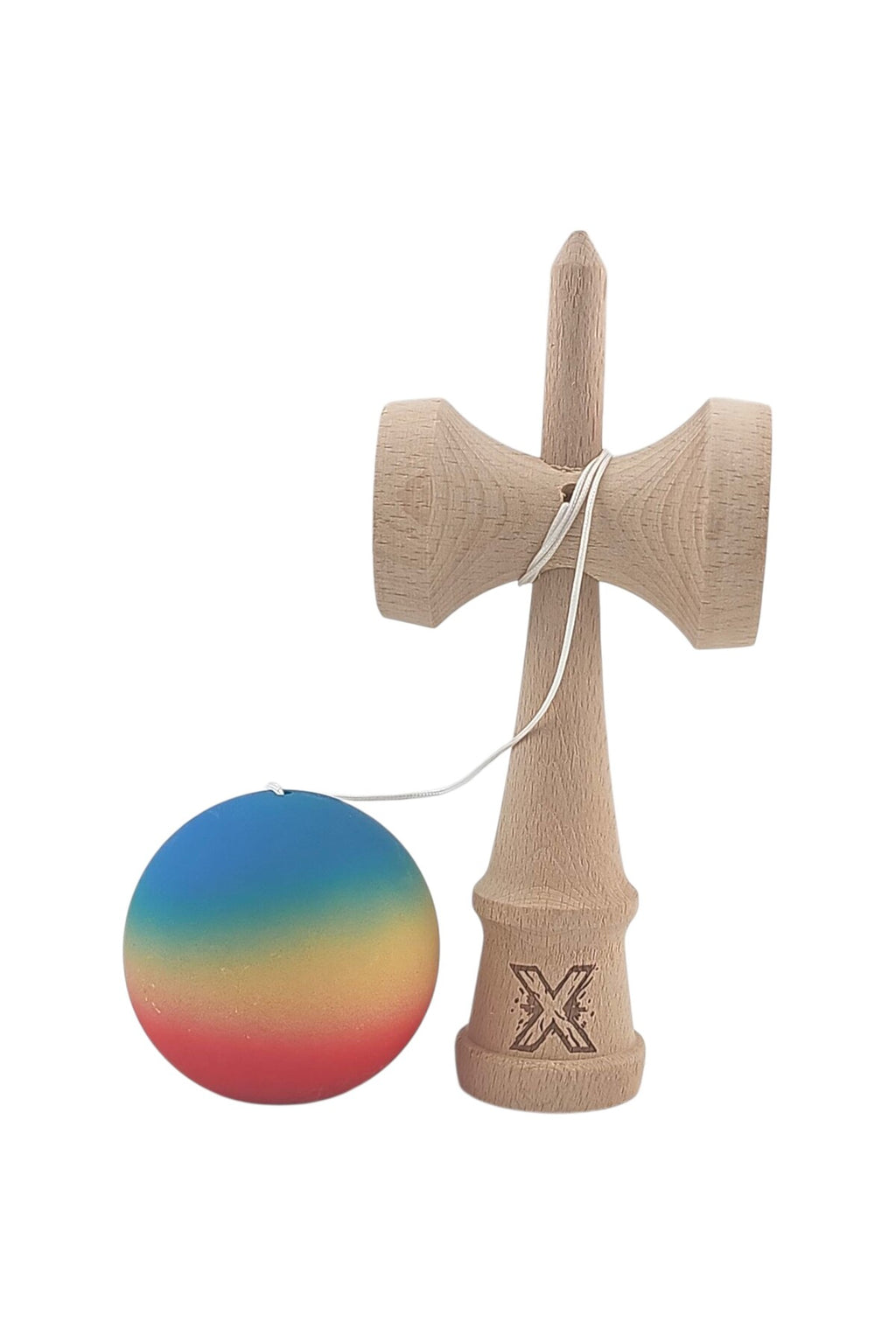 Kendama X, din lemn, mâner din cauciuc, 18 cm, roșu/galben/albastru