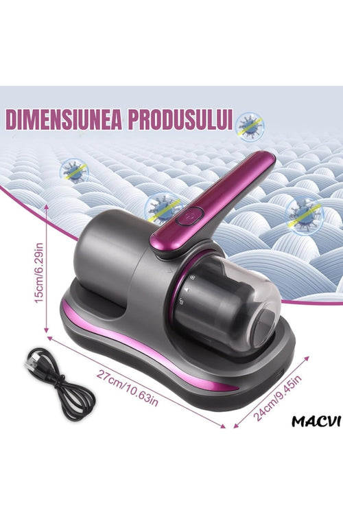 Aspirator anti-acarieni, 8000 Pa, fără fir, filtru HEPA, baterie de 3600 mAh, UVC, 500 ml