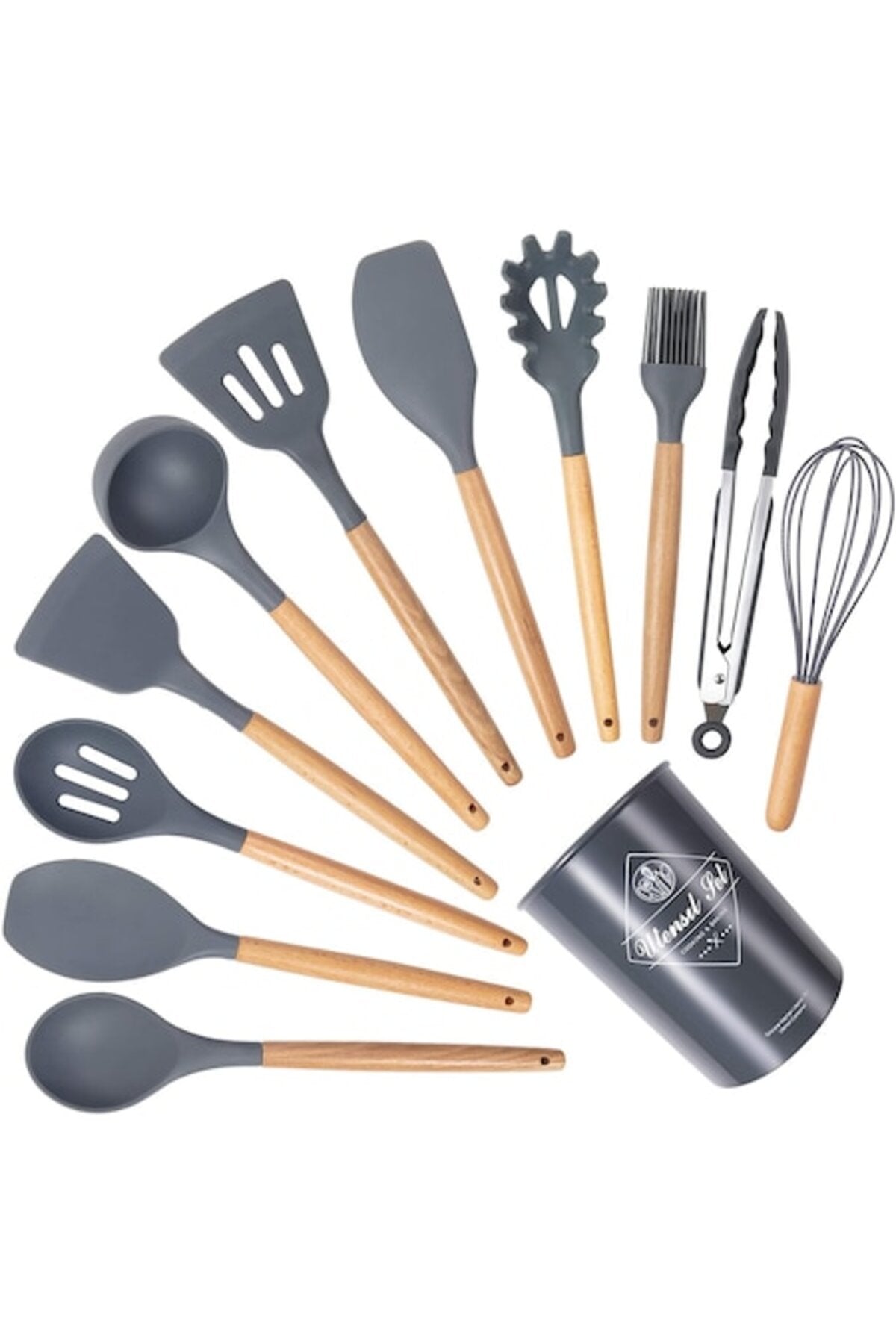 Set 12 ustensile de bucătărie, Silicon/Lemn, Gri