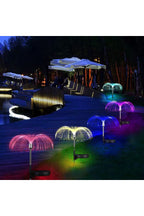 Lampă solară decorativă de grădină cu formă de meduză, cu LED RGB și fibră optică