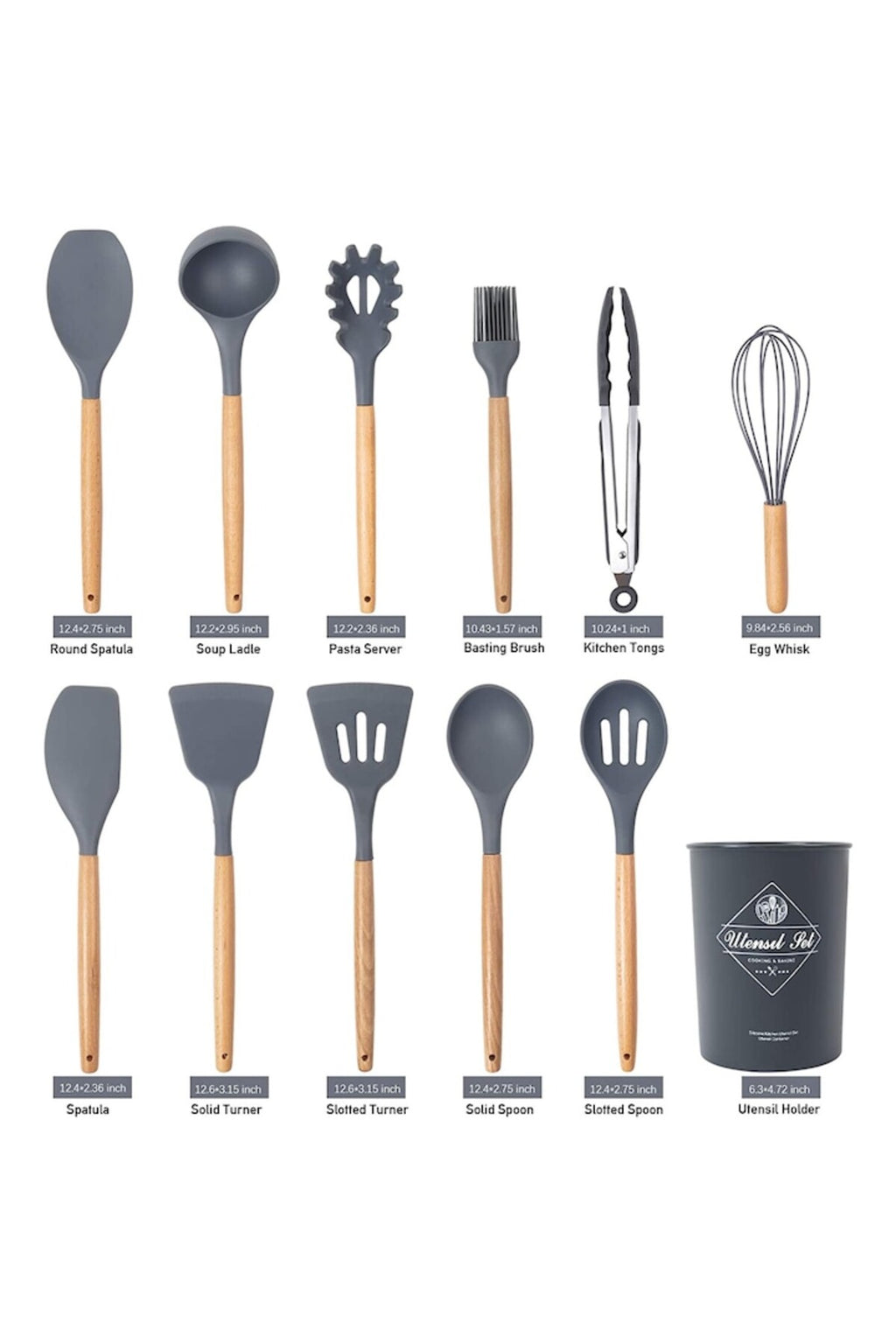 Set 12 ustensile de bucătărie, Silicon/Lemn, Gri
