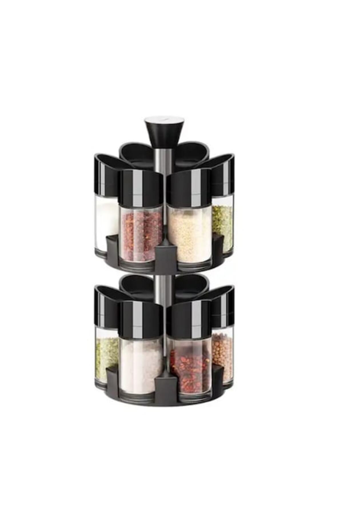 Recipiente pentru condimente, 12 bucăți, suport rotativ la 360°, ABS, negru, 11,5 x 5 cm