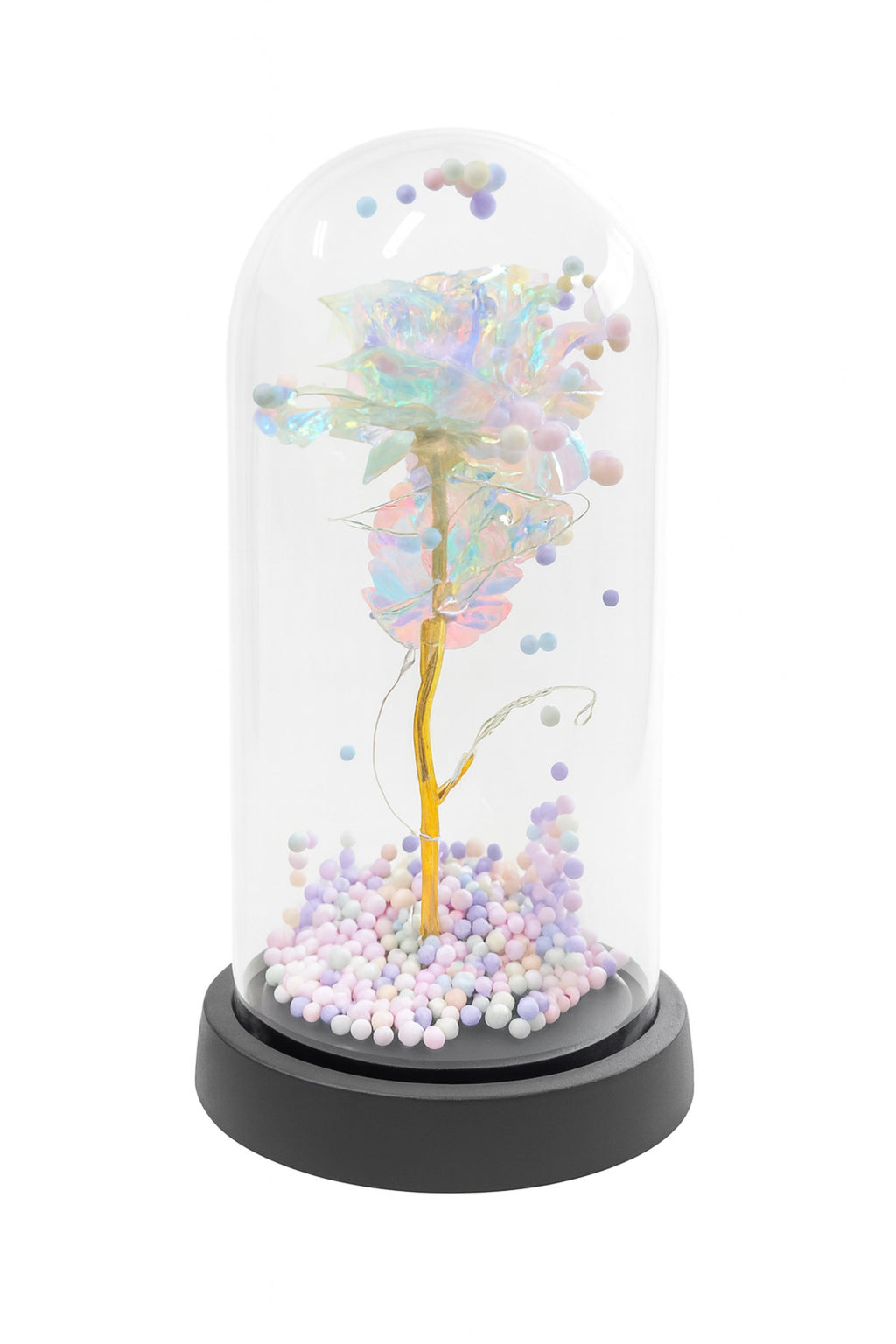 Cupolă decorativă cu trandafir acrilic iridescent, bile pastelate și lumini LED, 22x11 cm