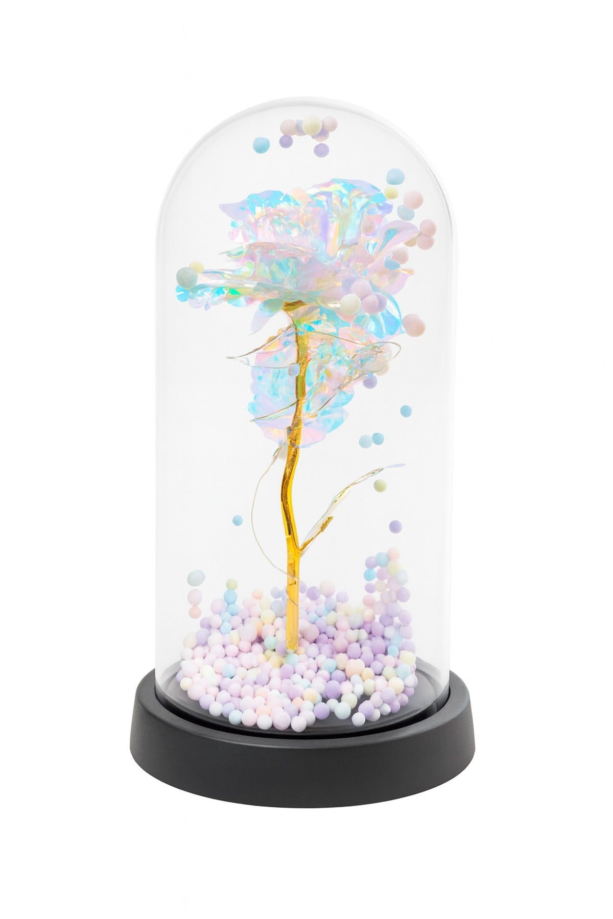 Cupolă decorativă cu trandafir acrilic iridescent, bile pastelate și lumini LED, 22x11 cm