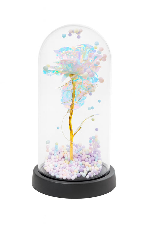 Cupolă decorativă cu trandafir acrilic iridescent, bile pastelate și lumini LED, 22x11 cm