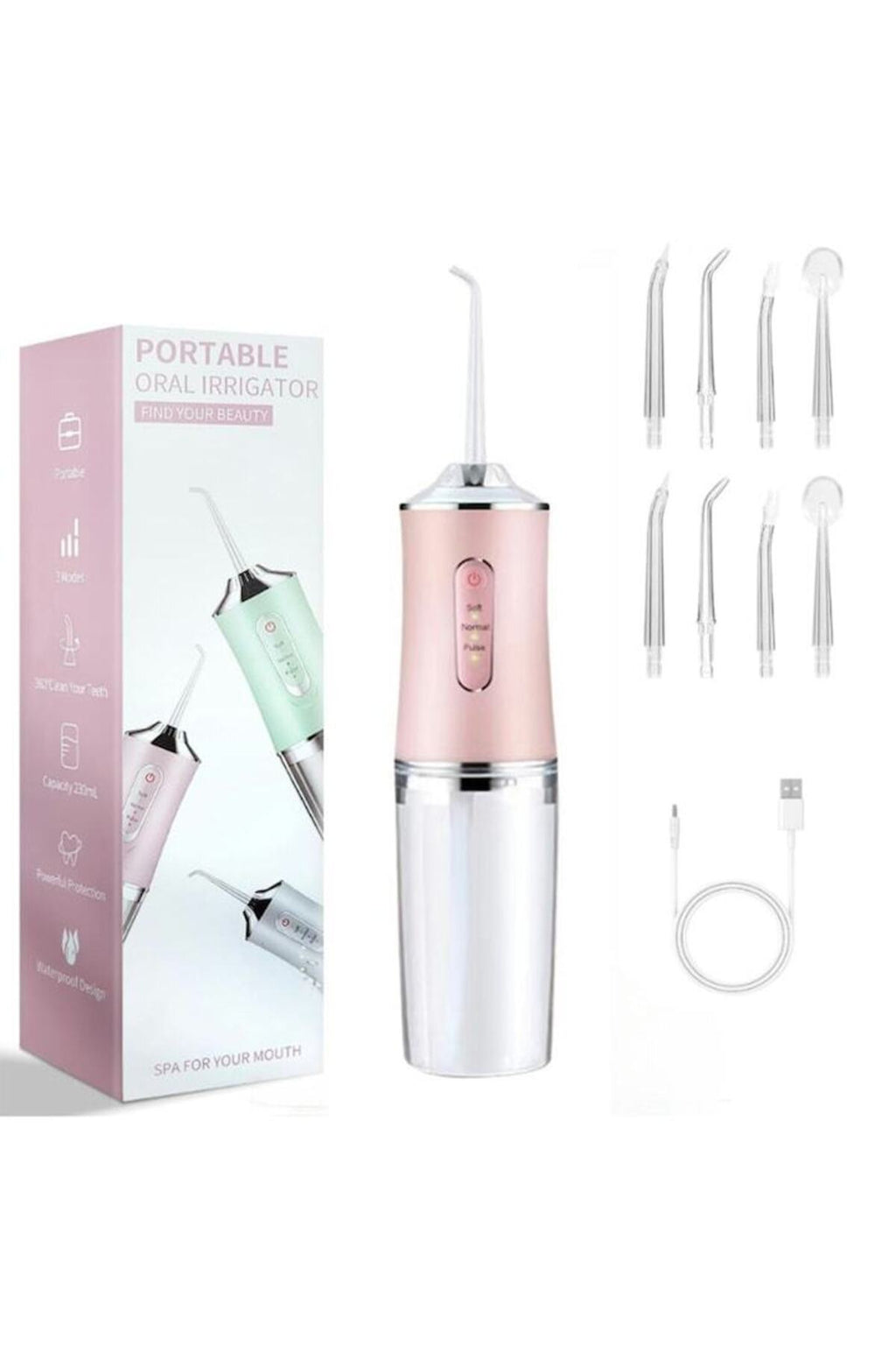 Irigator oral electric, EXPGlobal, 3 moduri de presiune, 8 capete de curățare, IPX6, rezervor 220 ml, roz