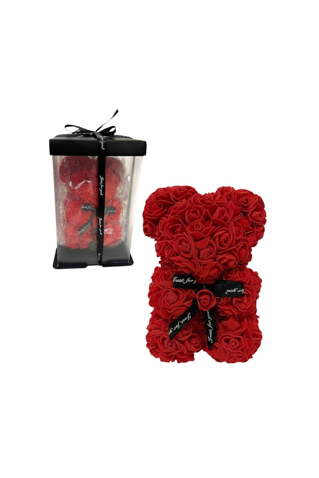 Aranjament floral din săpun în formă de ursuleț de pluș roșu, 25 cm